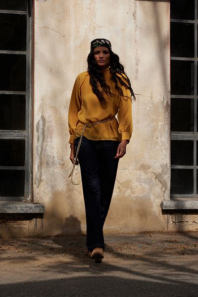 Trendyol Modest Asymmetrical Cut Mustard Floral Chiffon Tunic - Button Detail, Tctaw25Uk00011