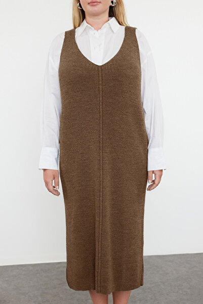 Trendyol Curve Πλεκτό φόρεμα Mink Gilet Midi-Length TBBAW25AH00008