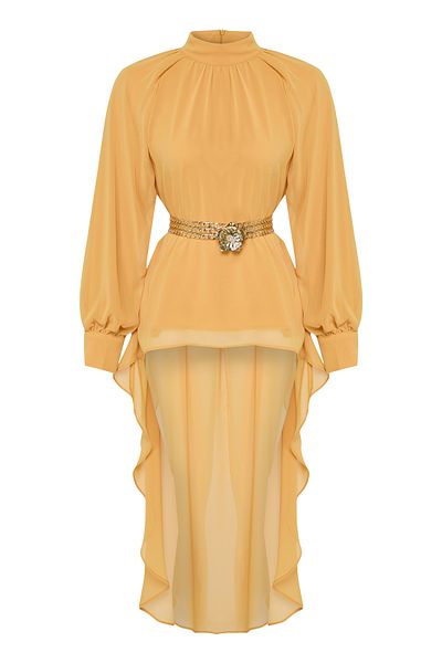 Trendyol Modest Asymmetrical Cut Mustard Floral Chiffon Tunic - Button Detail, Tctaw25Uk00011