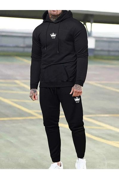 MODARİCH Vip Black Jogger Sweatshirt Bottom Top Tracksuit Set Oversize Printed Hoodie.