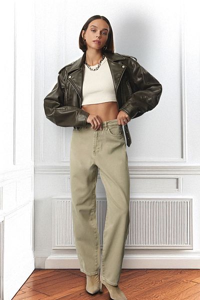 Trendyol Collection Magas derekú gördeszka farmernadrág - khaki táskás szabású TWOAW25JE00217