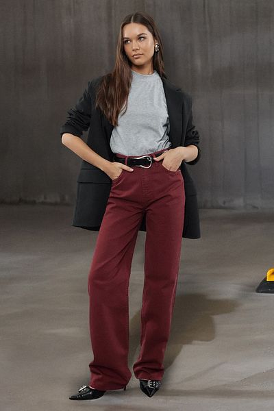 Trendyol Collection Blugi cu talie înaltă roșu-vișiniu cu croi larg pe picior - TWOSS23JE00068
