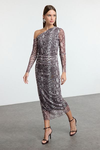 Trendyol Collection Ελαστικό πλεκτό μάξι φόρεμα - Καφέ λεοπάρ στάμπα, εφαρμοστό σώμα TWOAW25EL00590
