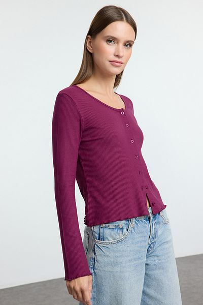Trendyol Collection Plum More ελαστική πλεκτή μπλούζα με ραβδώσεις - Μακρύ μανίκι με κουμπιά TWOAW25BZ00269