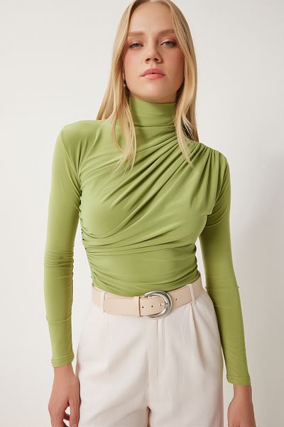 Happiness İstanbul Damen Pistazie Grün Kordelzug Detaillierte Stehkragen Sandy Bluse FF00135