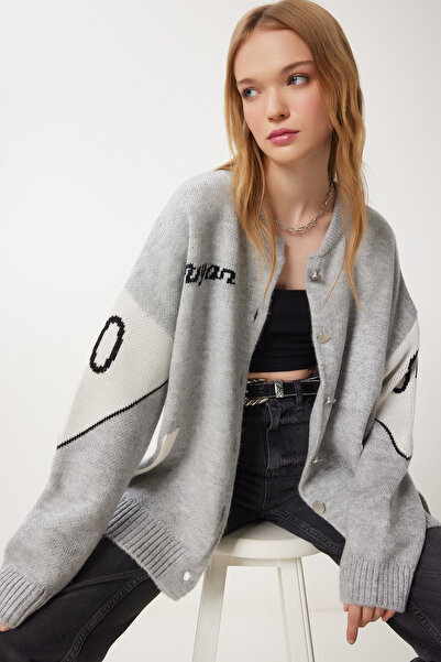 Happiness İstanbul Dámská šedá pletená bunda Slogan Cardigan Dp00218