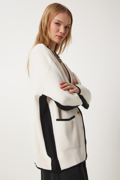Happiness İstanbul Γυναικεία Ζακέτα Κρεμ Αντίθεσης Χρώμα Μακριά Πλεκτά US00934