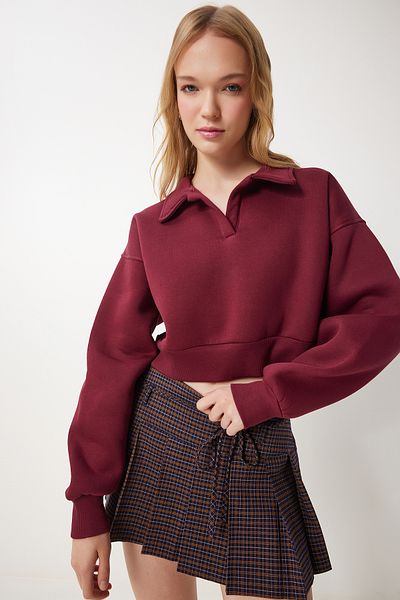 Happiness İstanbul Burgunderrotes Polo-Kragen-Raised-Crop-Strick-Sweatshirt für Damen HW00014