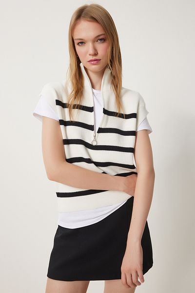 Happiness İstanbul Women's Ecru Zip Collar Striped Knitwear Sweater Us00944