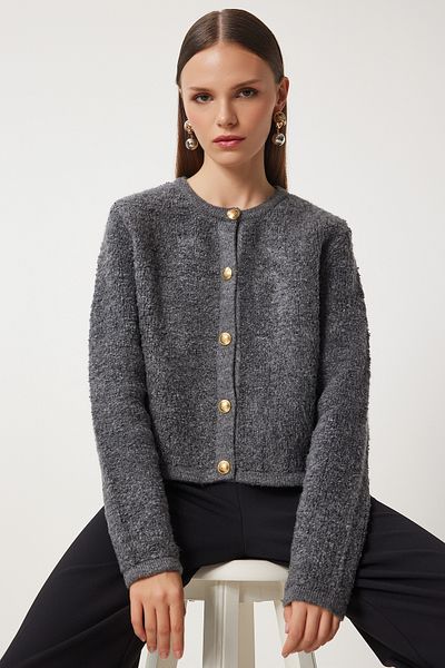 Happiness İstanbul Anthrazitfarbene Bouclé-Strickjacke für Damen, Cardigan YY00117