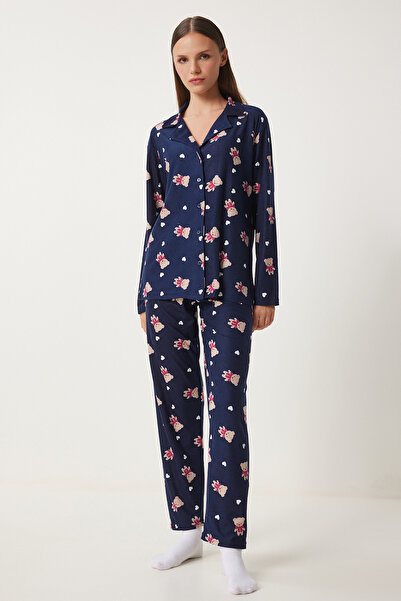 Happiness İstanbul Kadın Lacivert Desenli Kadifemsi Dokulu Örme Pijama Takımı FP00008