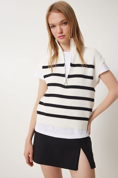 Happiness İstanbul Women's Ecru Zip Collar Striped Knitwear Sweater Us00944