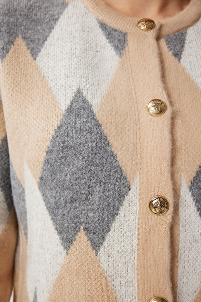 Happiness İstanbul Women's Beige Gray Diamond Patterned Knitwear Cardigan Us00936