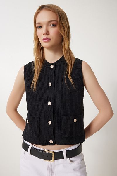 Happiness İstanbul Women's Black Stylish Buttoned Knitwear Vest with Pockets Ki̇00109