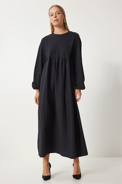 Happiness İstanbul Women's Black Flounce Balloon Sleeve Long Woven Dress Rg00044
