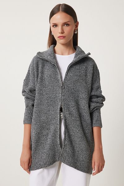 Happiness İstanbul Women's Anthracite Stand Collar Zippered Knitwear Cardigan Us00937