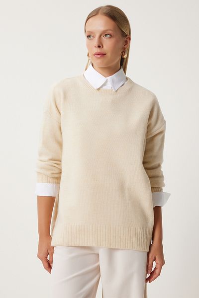 Happiness İstanbul Übergroßer Strickpullover in Knochenoptik für Damen PN00054