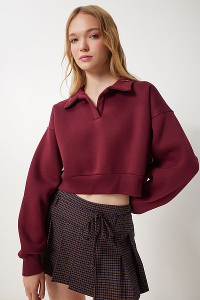 Happiness İstanbul Burgunderrotes Polo-Kragen-Raised-Crop-Strick-Sweatshirt für Damen HW00014