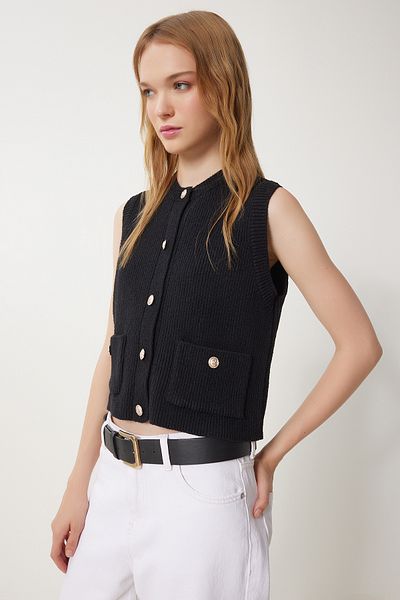 Happiness İstanbul Women's Black Stylish Buttoned Knitwear Vest with Pockets Ki̇00109