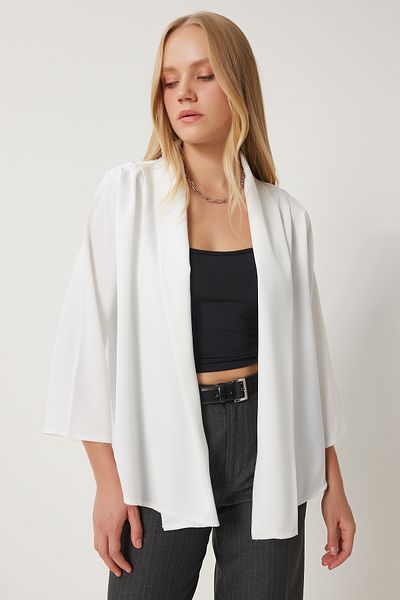 Happiness İstanbul Damen Ecru Schalkragen Stilvolle Jacke mit Satinoberfläche MC00291