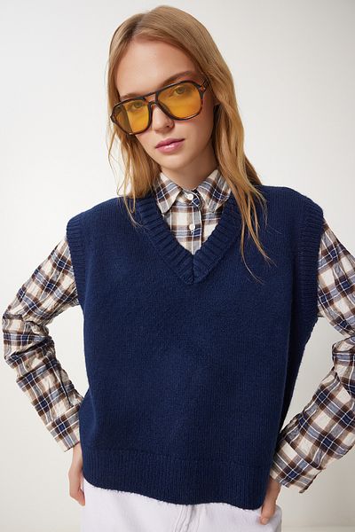Happiness İstanbul Marineblauer Strickpullover mit V-Ausschnitt für Damen PF00099