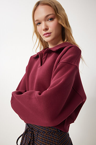 Happiness İstanbul Dámská vínová pletená mikina Polo Neck Raised Crop Hw00014