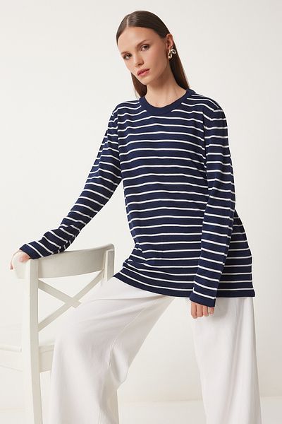 Happiness İstanbul Women's Navy Blue White Striped Seasonal Knitwear Sweater Kb00041