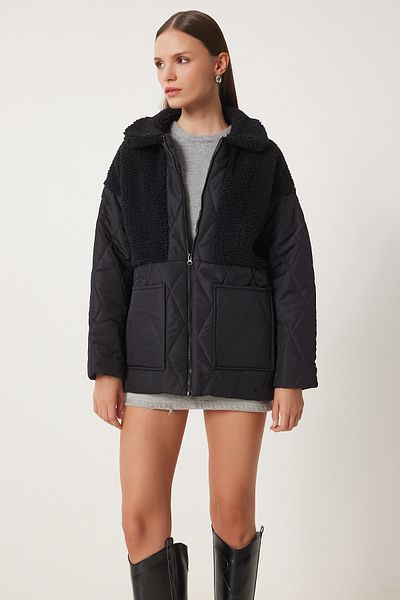 Happiness İstanbul Schwarzer, detaillierter Steppmantel aus Plüsch für Damen DD01284