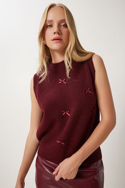 Happiness İstanbul Burgunderroter Strickpullover mit Schleife für Damen PF00079