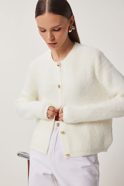 Happiness İstanbul Damen Strickjacke aus Bone Bouclé, Strickjacke, YY00117