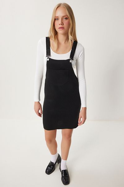 Happiness İstanbul Women's Black Wide Pocket Corded Knitwear Salopet CI00112