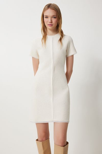Happiness İstanbul Damen Knochen Pailletten Detaillierte Mini Tweed Kleid WF00089
