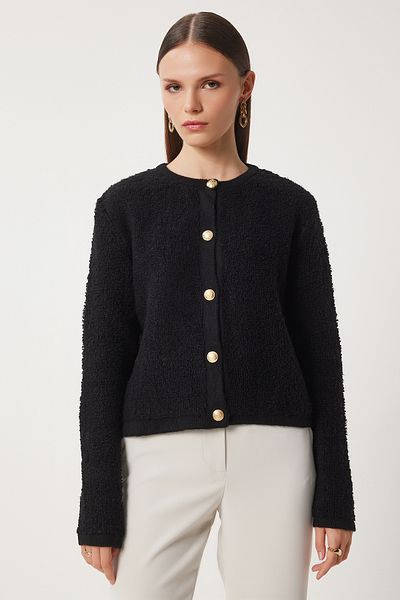 Happiness İstanbul Schwarze Bouclé-Strickjacke für Damen, Cardigan YY00117