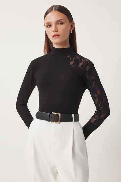 Happiness İstanbul Women's Black Turtleneck Lace Ribbed Knitted Blouse En00627