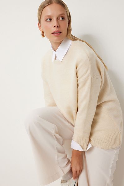 Happiness İstanbul Übergroßer Strickpullover in Knochenoptik für Damen PN00054