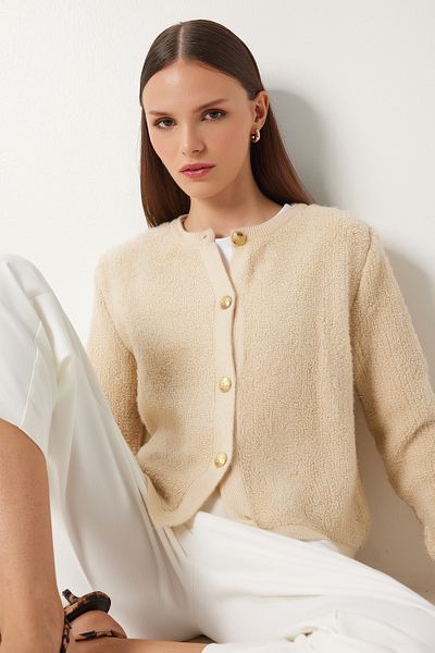 Happiness İstanbul Damen Dunkelcreme Bouclé Strickjacke Cardigan YY00117