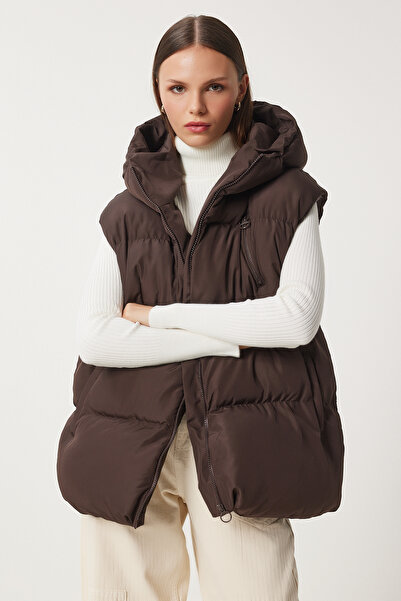 Happiness İstanbul Dámská hnědá oversize dlouhá vesta s kapucí CI00017