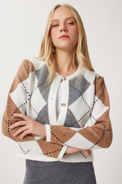 Happiness İstanbul Women's Mink Ecru Diamond Patterned Knitwear Cardigan Us00939