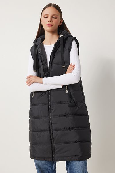 Happiness İstanbul Schwarze, ärmellose Pufferweste mit Kapuze für Damen DD01010