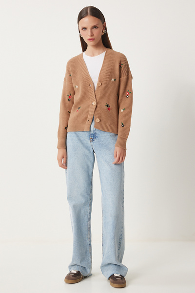 Happiness İstanbul Γυναικεία πλεκτά μπισκότα με λουλούδια κεντημένη ζακέτα με κουμπιά KG00005