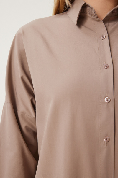 Happiness İstanbul Kadın Vizon Oversize Uzun Basic Gömlek  DD00842