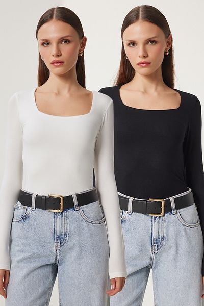Happiness İstanbul Women's Black and White Square Collar Double Pack Knitted Blouse Rx00041