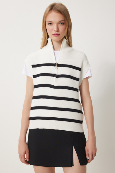 Happiness İstanbul Women's Ecru Zip Collar Striped Knitwear Sweater Us00944
