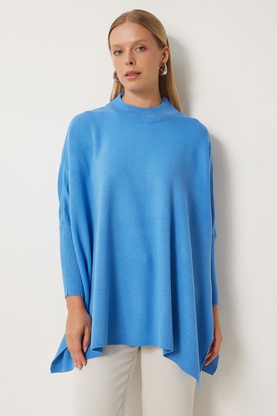 Happiness İstanbul Indigoblauer Oversize-Ponchopullover mit seitlichem Schlitz für Damen YY00005