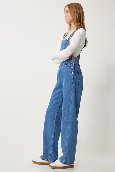 Happiness İstanbul Blauer Denim-Gärtner-Overall mit breiter Tasche für Damen RI00002
