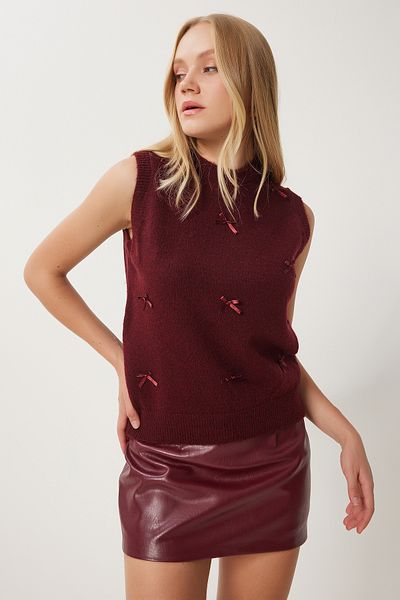 Happiness İstanbul Burgunderroter Strickpullover mit Schleife für Damen PF00079