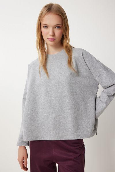 Happiness İstanbul Grau meliertes Oversize-Sweatshirt mit seitlichem Schlitz für Damen UL00050