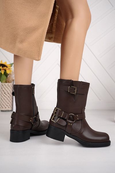TRENDYOL SHOES Brown Antique Buckle Detailed Motorcyclist Short Heeled Women's Biker Boots Takaw25Bo00000