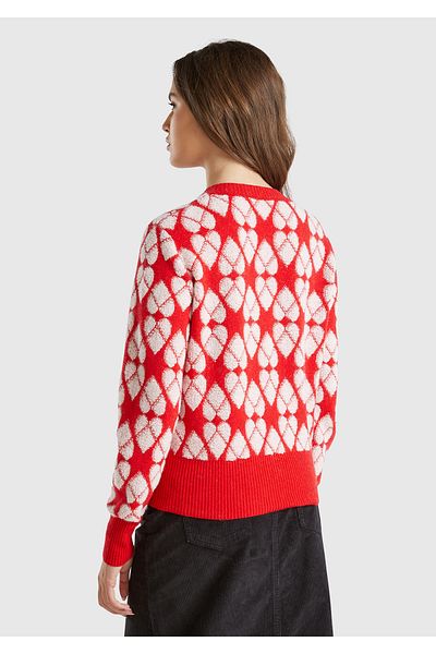 United Colors of Benetton Women's Red Wool and Cashmere Blended Two-Color Round Neck Sweater