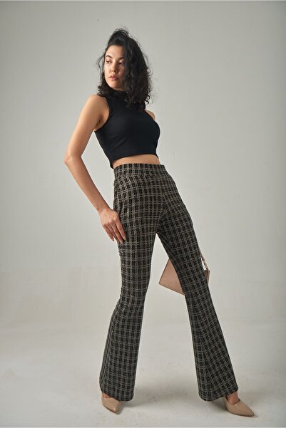 Blue Petrol Kadın Uzun İspanyol Paça Ekose Pantolon